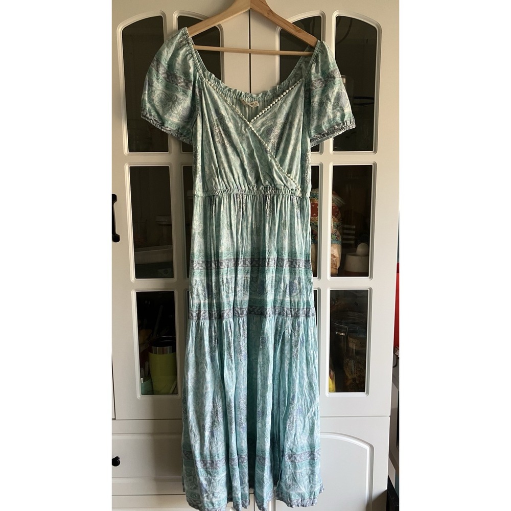 Lucky Brand Womens Small Floral Midi Maxi Dress Short Sleeve Blue Boho Pom Trim